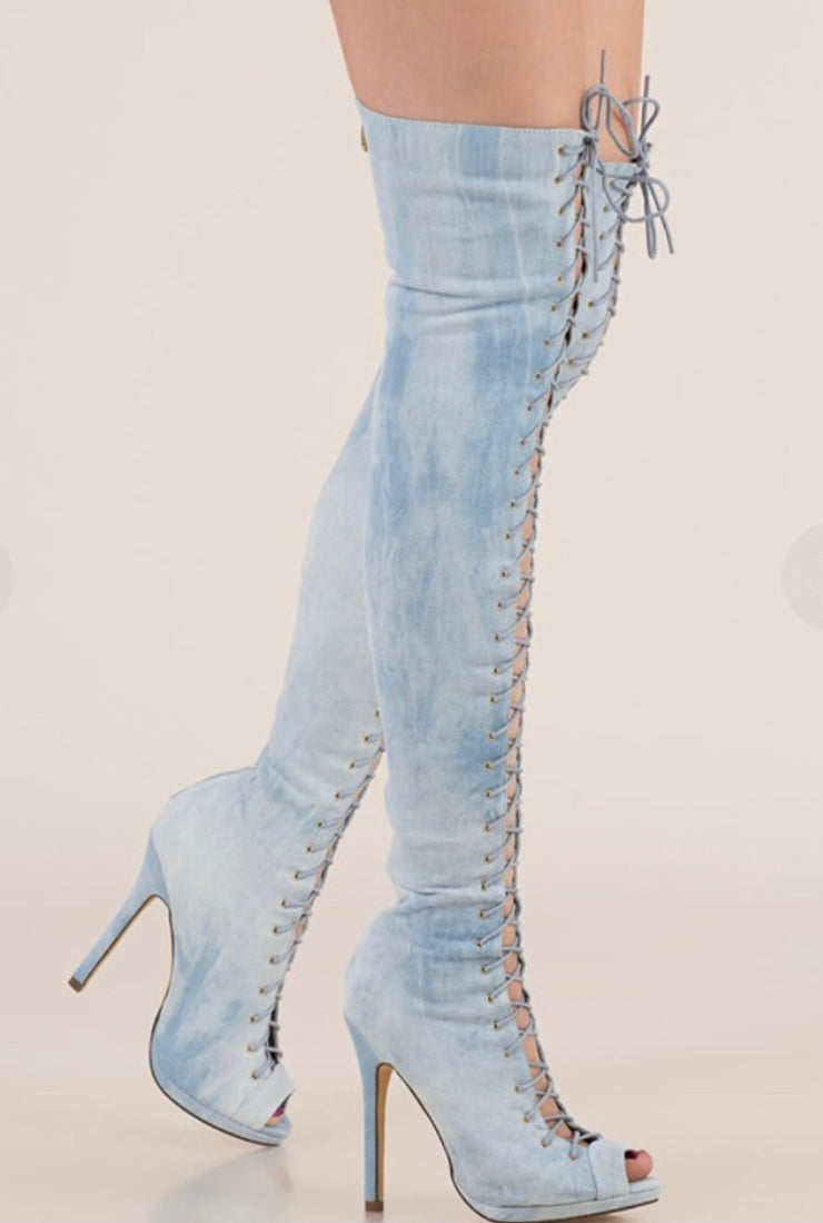 Over the knee denim boots